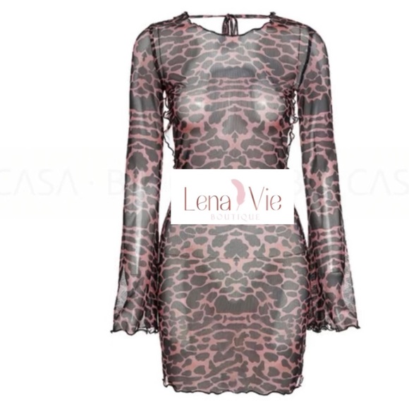 Babydoll Leo Backless Sheer Leopard Mini Dress, Backless Sexy Mesh Coverup - Picture 6 of 10